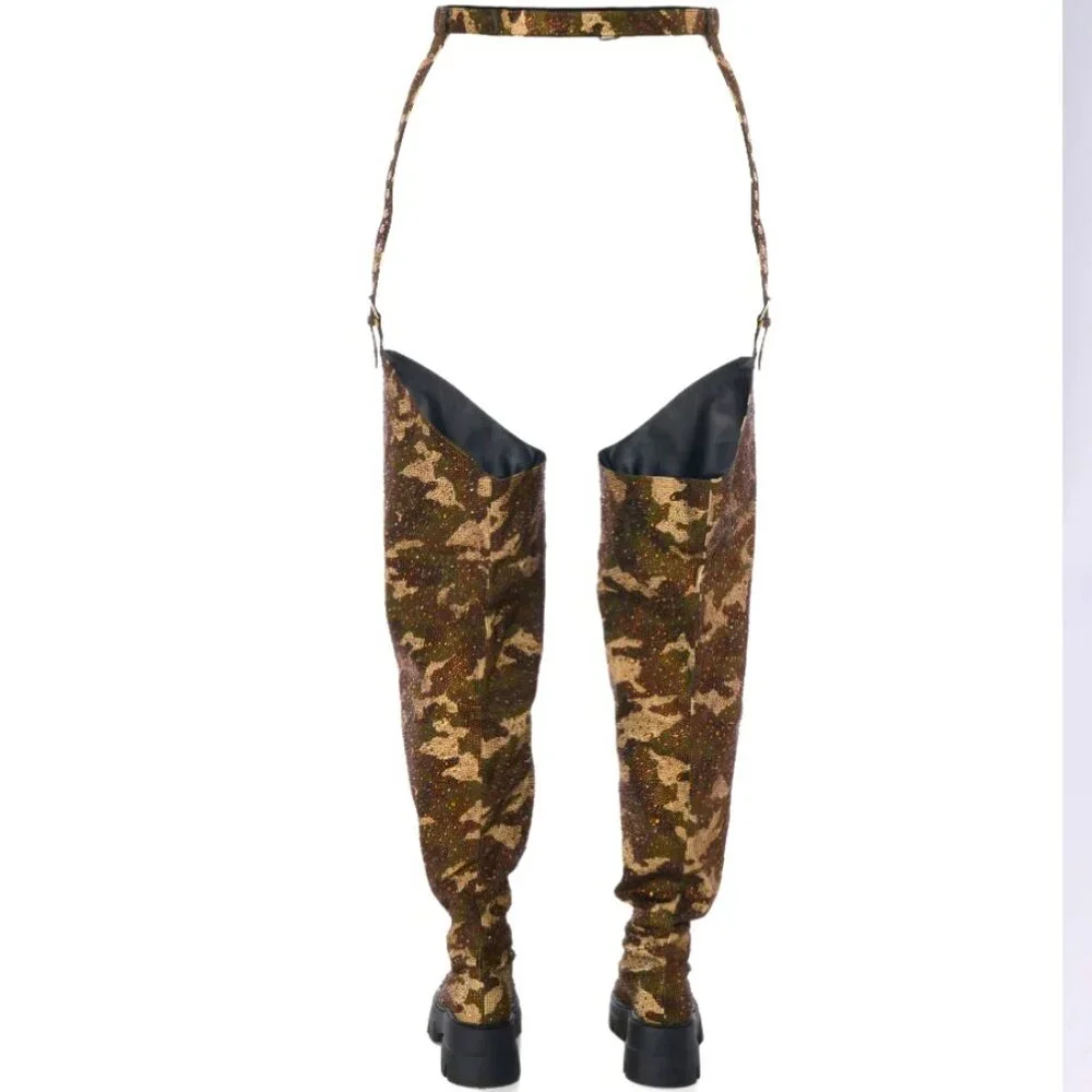 Callie Lives MIZ Azalea Wang PopOut Rhinestone Camo Chap Flat ThighHigh Boot 8.5 - Picture 7 of 8